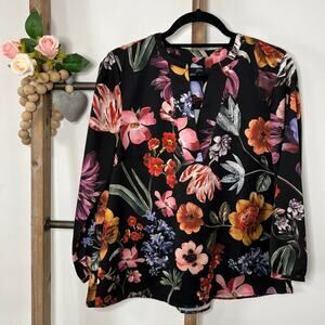 J Crew V Neck 3/4 Sleeve Blouse Black Floral Size Small